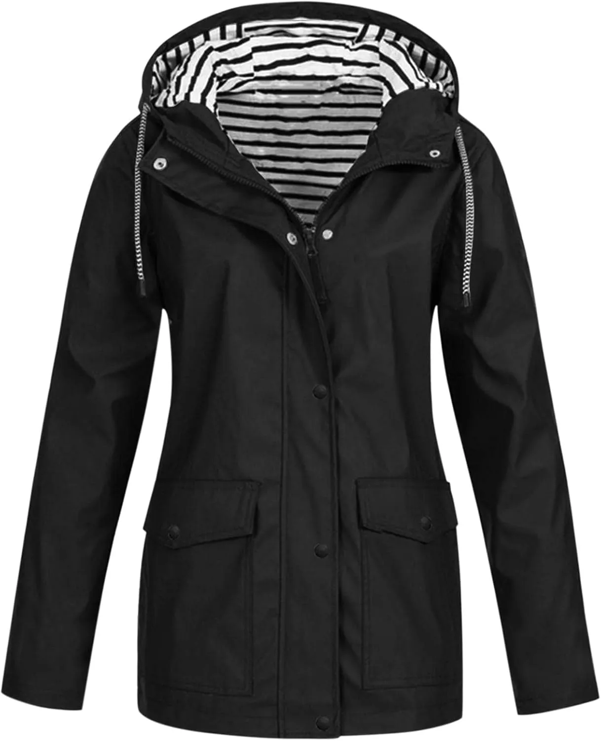 Windproof Jacket for Women Long Sleeve Raincoat Full Zip Up Button Hooded Plain Windbreaker with Pocket Winter Zipper Autumn