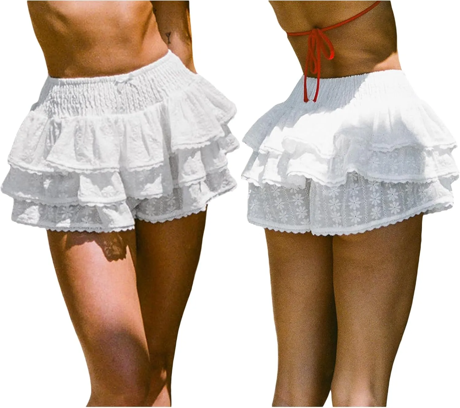 Woman Summer Floral Embroidery White Shorts Lace Trim Layered Ruffled Skirt Shorts Smocking High Waist Shorts