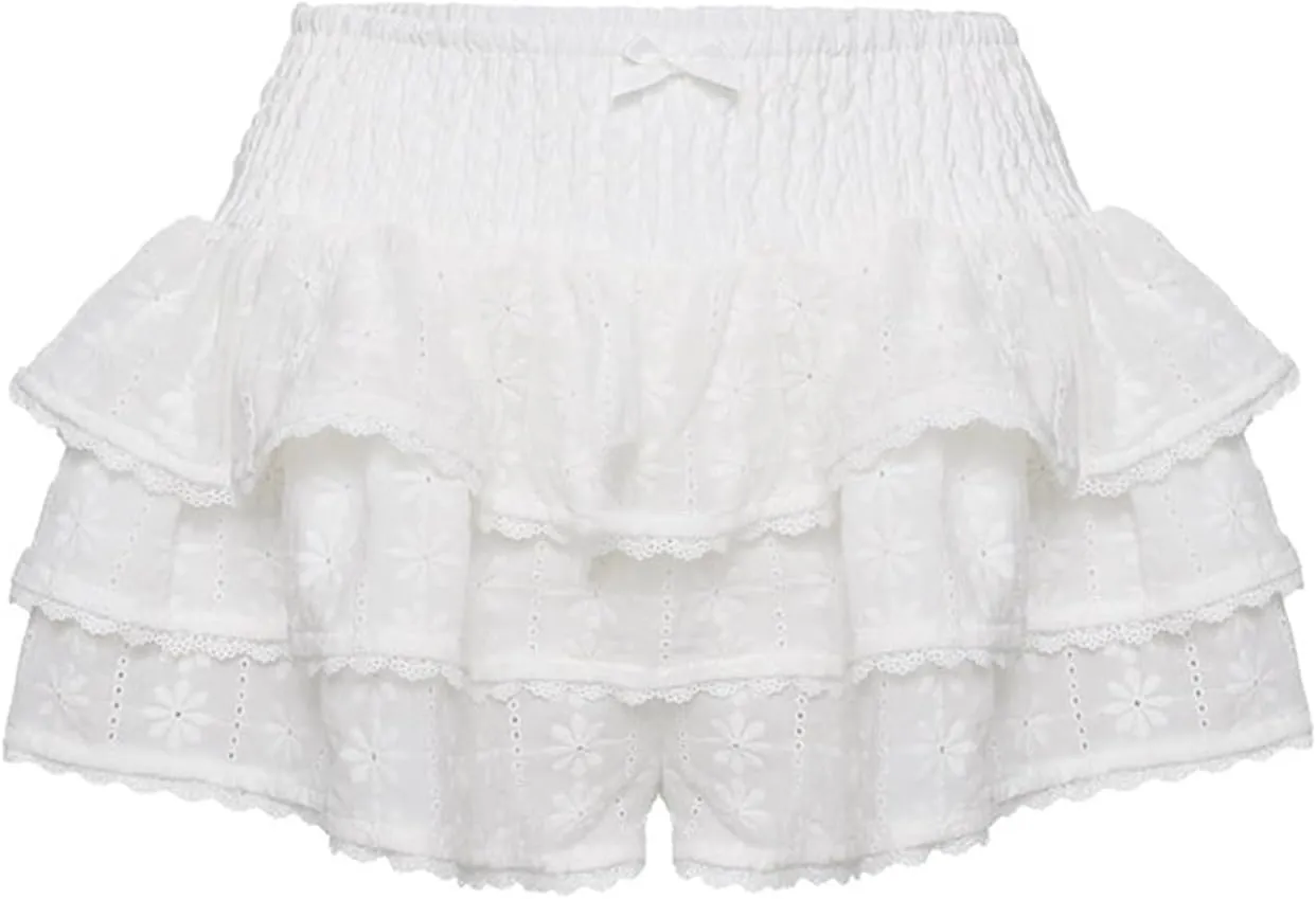 Woman Summer Floral Embroidery White Shorts Lace Trim Layered Ruffled Skirt Shorts Smocking High Waist Shorts