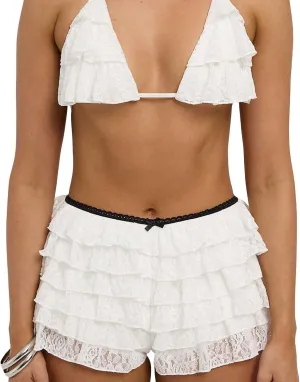 Woman Summer Floral Embroidery White Shorts Lace Trim Layered Ruffled Skirt Shorts Smocking High Waist Shorts