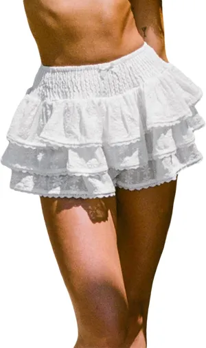 Woman Summer Floral Embroidery White Shorts Lace Trim Layered Ruffled Skirt Shorts Smocking High Waist Shorts