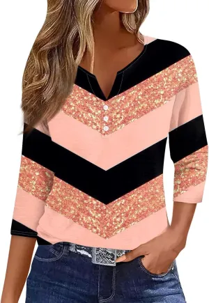 Women 3/4 Length Sleeve Tops Summer Cute V Neck Basic Striped Print Blouses