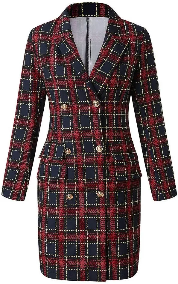 Women Blazer Dress Long Sleeve Notch Lapel Sexy Elegant Formal Suit Jackets Double Breasted Button Business Coat
