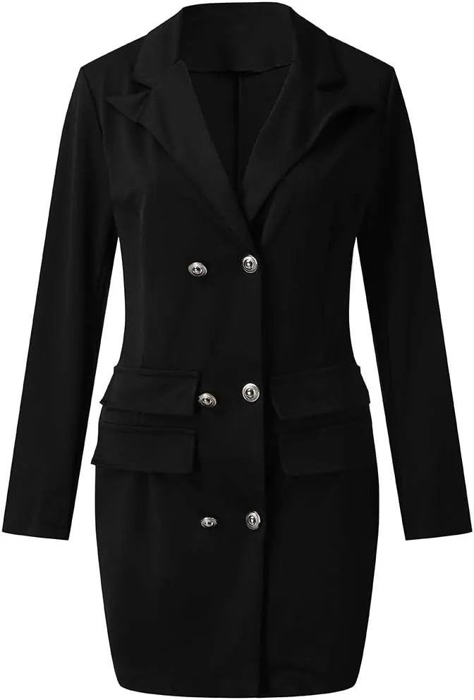 Women Blazer Dress Long Sleeve Notch Lapel Sexy Elegant Formal Suit Jackets Double Breasted Button Business Coat