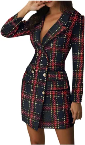 Women Blazer Dress Long Sleeve Notch Lapel Sexy Elegant Formal Suit Jackets Double Breasted Button Business Coat