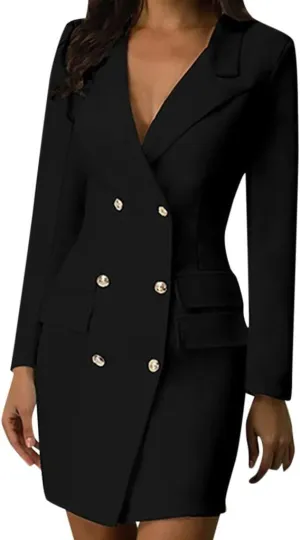 Women Blazer Dress Long Sleeve Notch Lapel Sexy Elegant Formal Suit Jackets Double Breasted Button Business Coat
