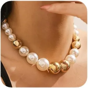 Women Boho 1920s Pearls Choker Necklaces with Earrings Set Gold Dainty Pearls Choker Necklaces Fashion Chunky Pendant Multilayer Adjustable Layering Chain Necklaces for Women