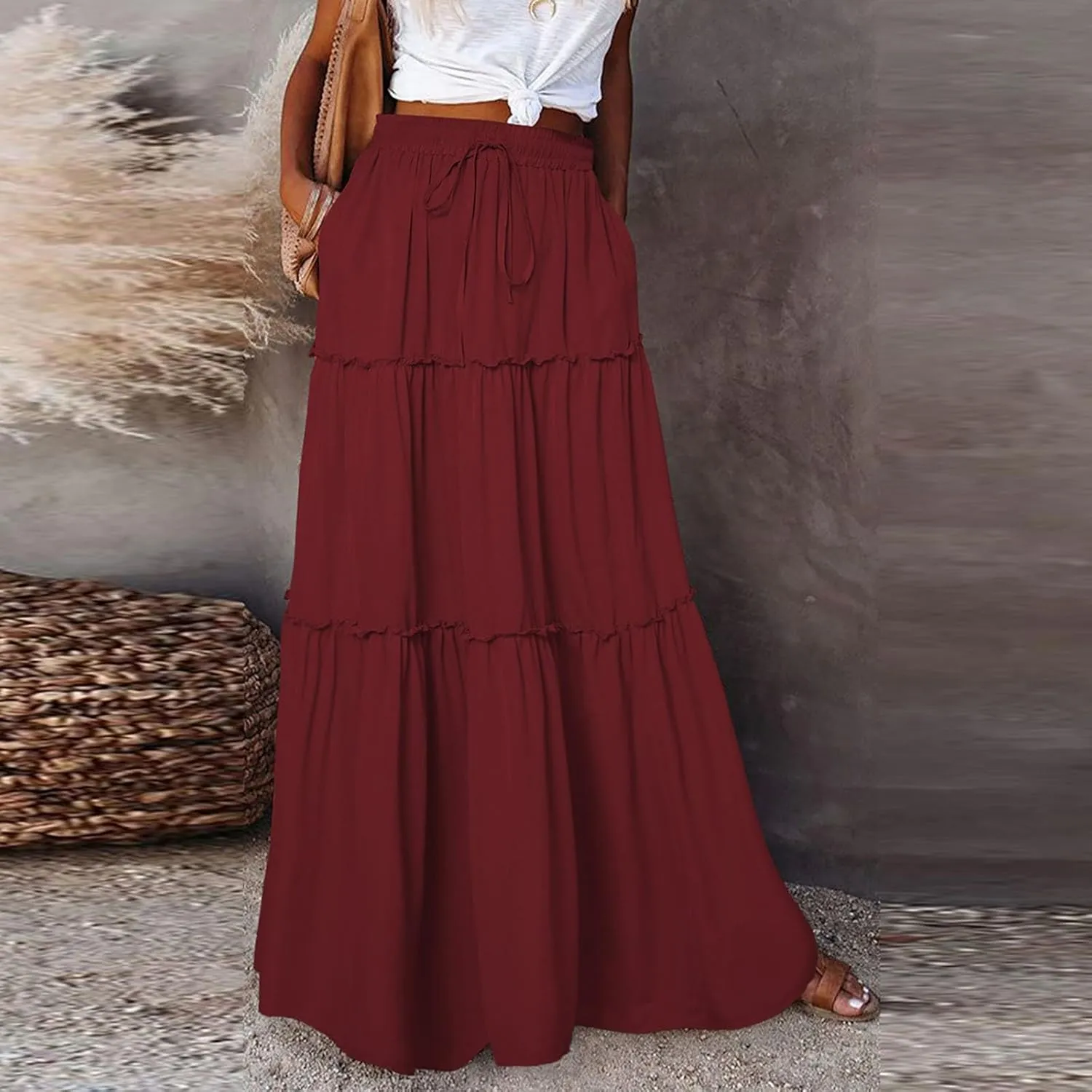 Women Boho Floral Maxi Skirt 2025 Summer High Waisted Tiered Long Skirts Flowy Ruffle Beach Vacation Midi Skirts