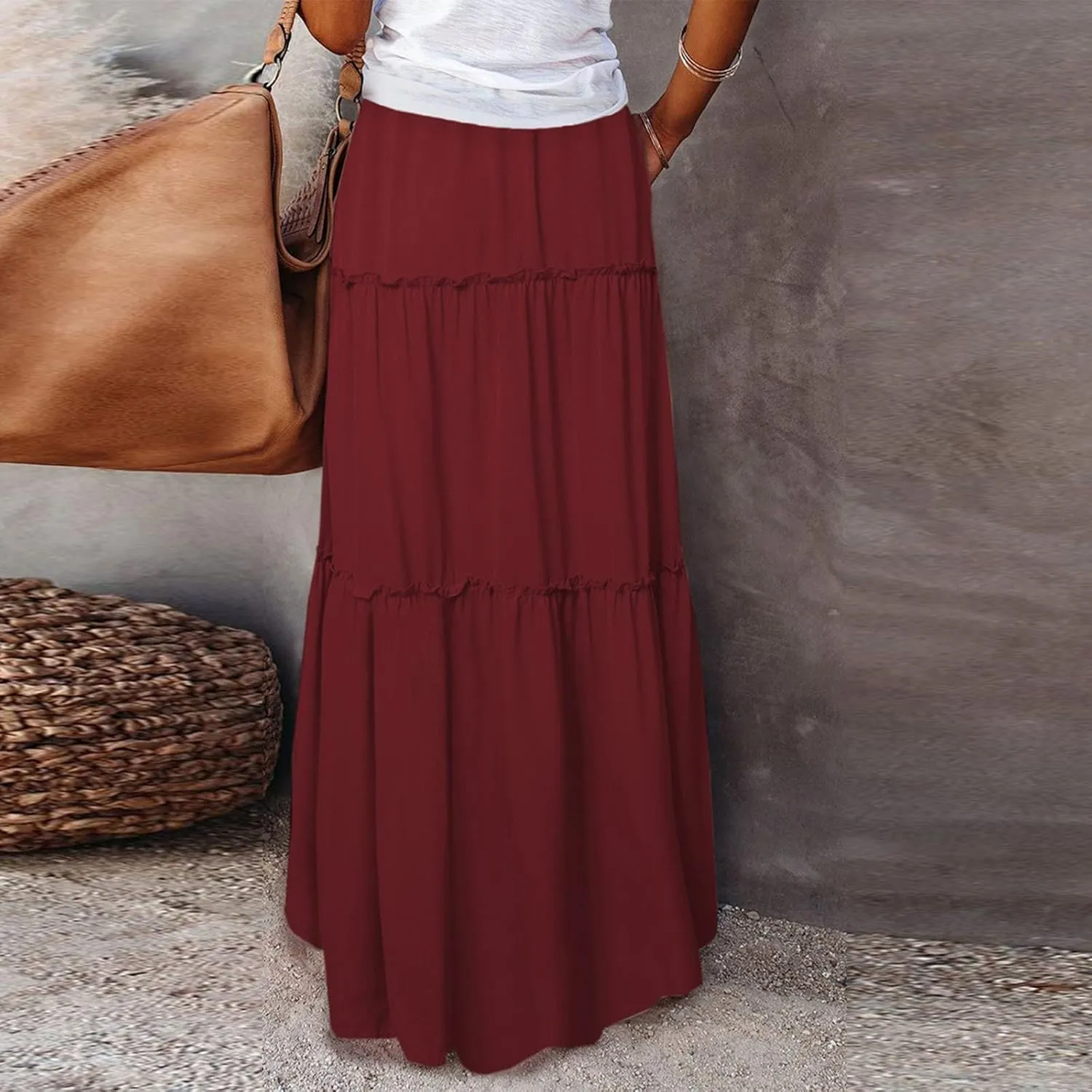 Women Boho Floral Maxi Skirt 2025 Summer High Waisted Tiered Long Skirts Flowy Ruffle Beach Vacation Midi Skirts