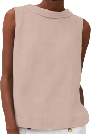 Women Cotton Linen Sleeveless Crop Tank Tops O Neck Shirt Casual Solid Color Loose Fit Comfy T-Shirt Blouse Vest