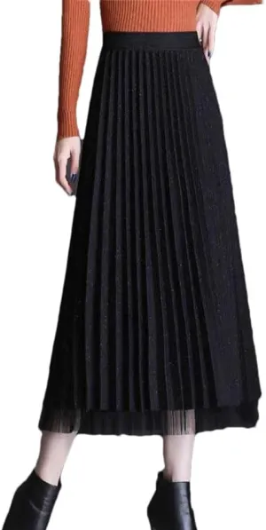 Women Fashion Elastic Waist Spliced Pleated Skirts Thick Loose Solid Color Skirts Midi A-Line Skirts