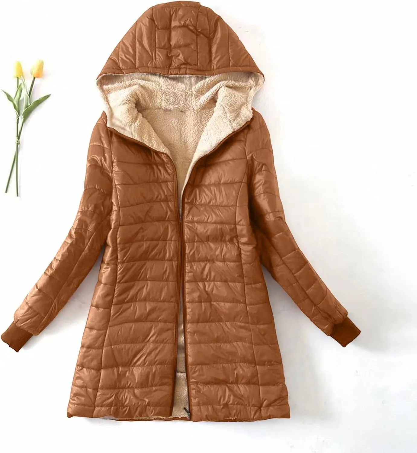 Women Fleece Lined Jacket Lightweight Quilted Jacket Hooded Down Jackets Thicken Parka Casual Winter Warm Puffer Jacket