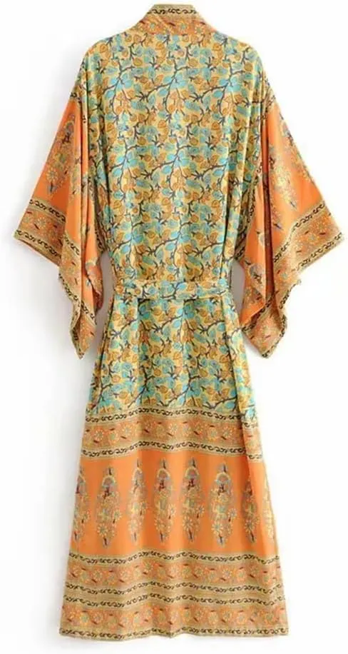 Women Floral Long Kimono V Neck Belt Loose Fit Cardigans Robe Beachwear Holiday Robe