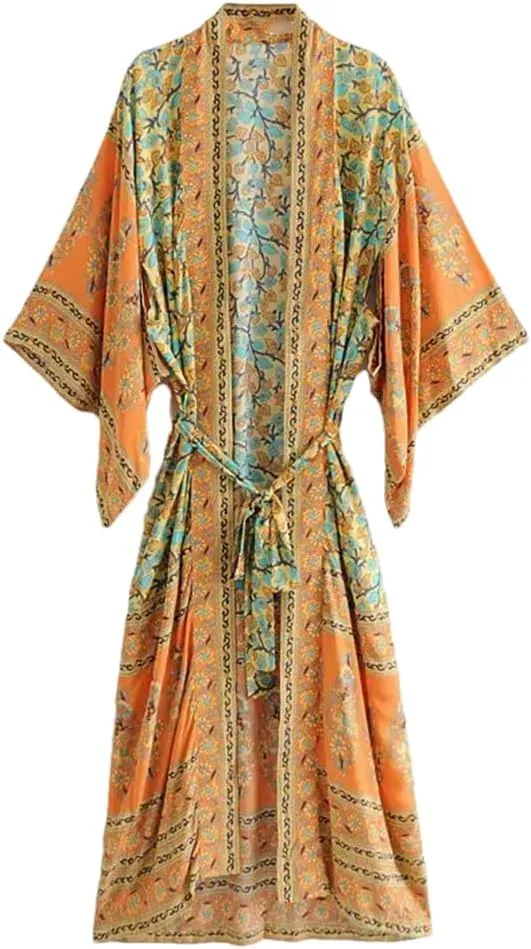 Women Floral Long Kimono V Neck Belt Loose Fit Cardigans Robe Beachwear Holiday Robe