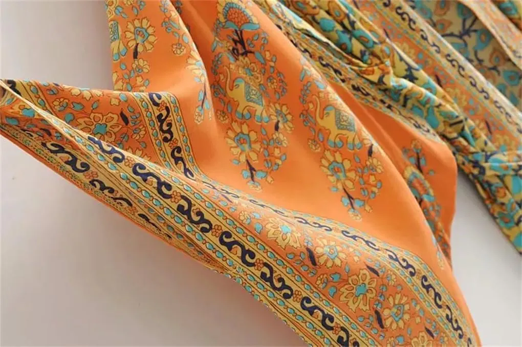 Women Floral Long Kimono V Neck Belt Loose Fit Cardigans Robe Beachwear Holiday Robe