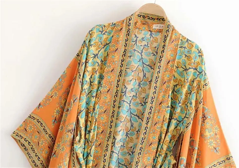 Women Floral Long Kimono V Neck Belt Loose Fit Cardigans Robe Beachwear Holiday Robe