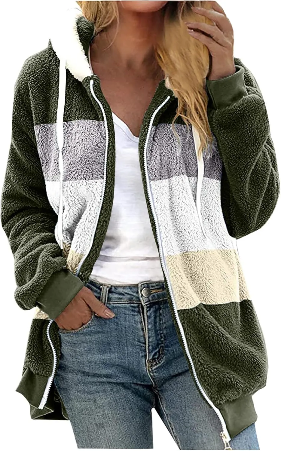 Women Fuzzy Jackets Zip Up Hooded Cardigan Coats Fashion Color Block Patchwork Outerwear Sherpa Fleece Hoodies
