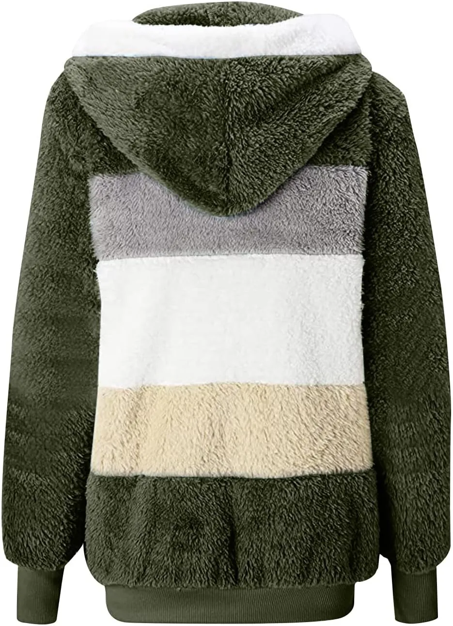 Women Fuzzy Jackets Zip Up Hooded Cardigan Coats Fashion Color Block Patchwork Outerwear Sherpa Fleece Hoodies