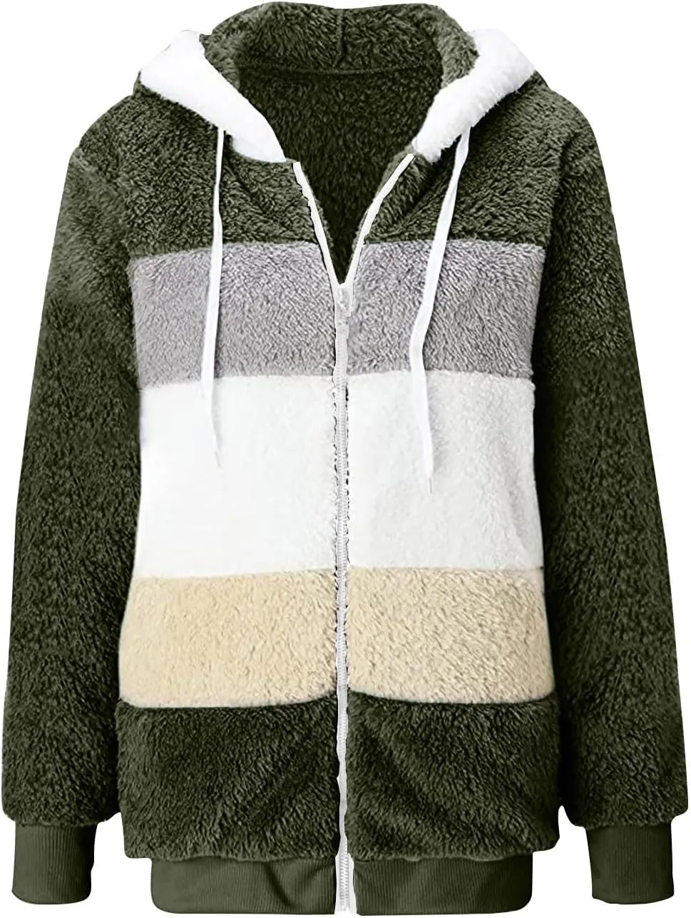 Women Fuzzy Jackets Zip Up Hooded Cardigan Coats Fashion Color Block Patchwork Outerwear Sherpa Fleece Hoodies