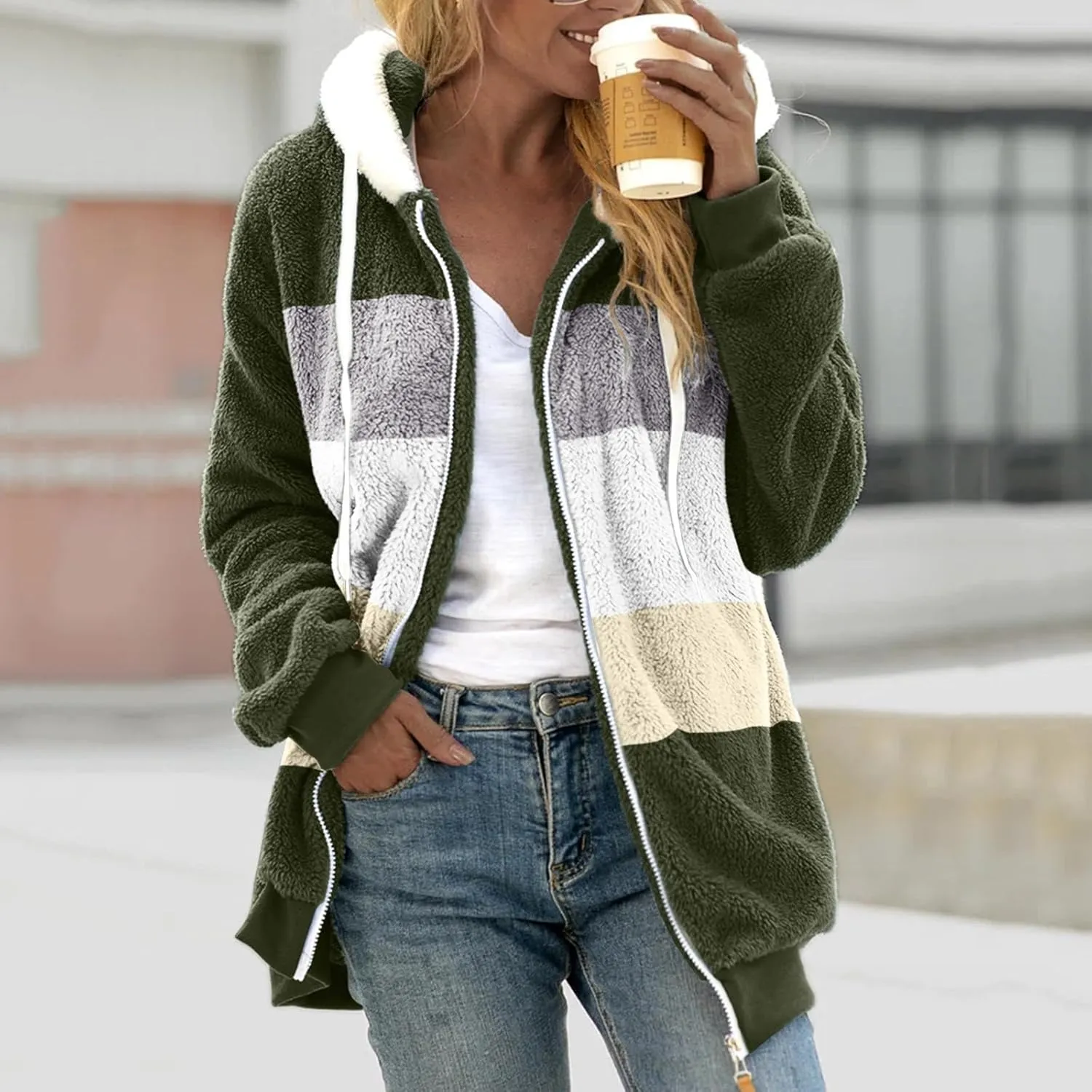 Women Fuzzy Jackets Zip Up Hooded Cardigan Coats Fashion Color Block Patchwork Outerwear Sherpa Fleece Hoodies