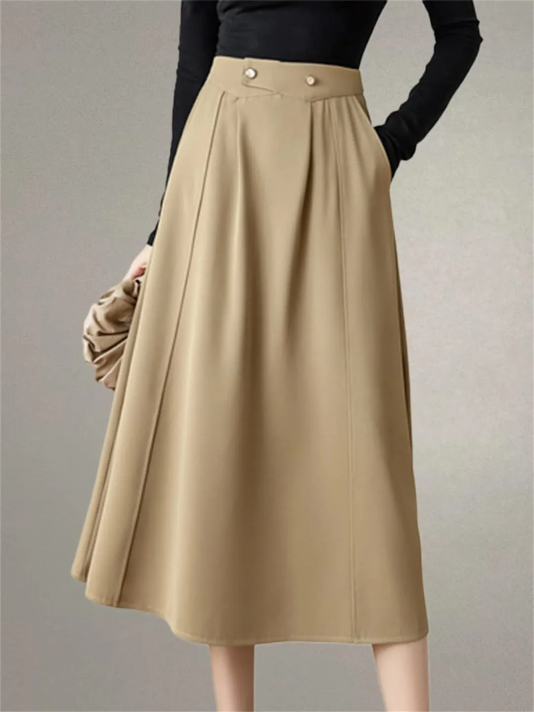 Women High Waist A-Line Skirts Stitching Vintage Pleated Skirts Simple Office Lady Black Midi Skirts