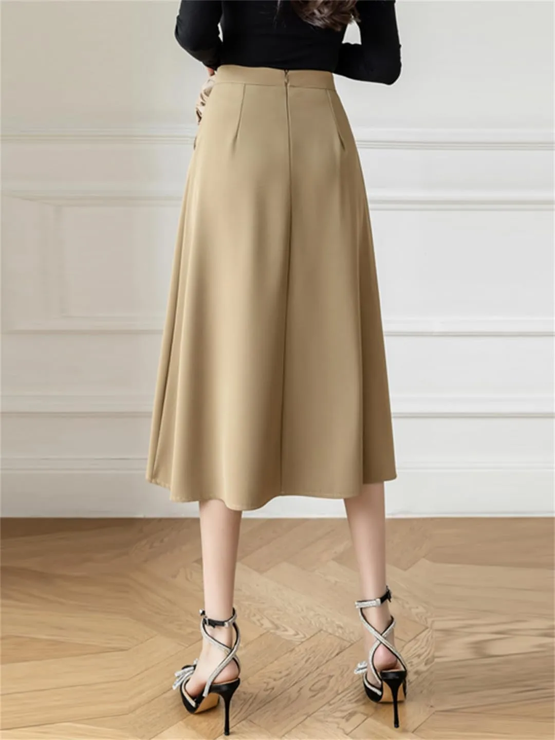 Women High Waist A-Line Skirts Stitching Vintage Pleated Skirts Simple Office Lady Black Midi Skirts