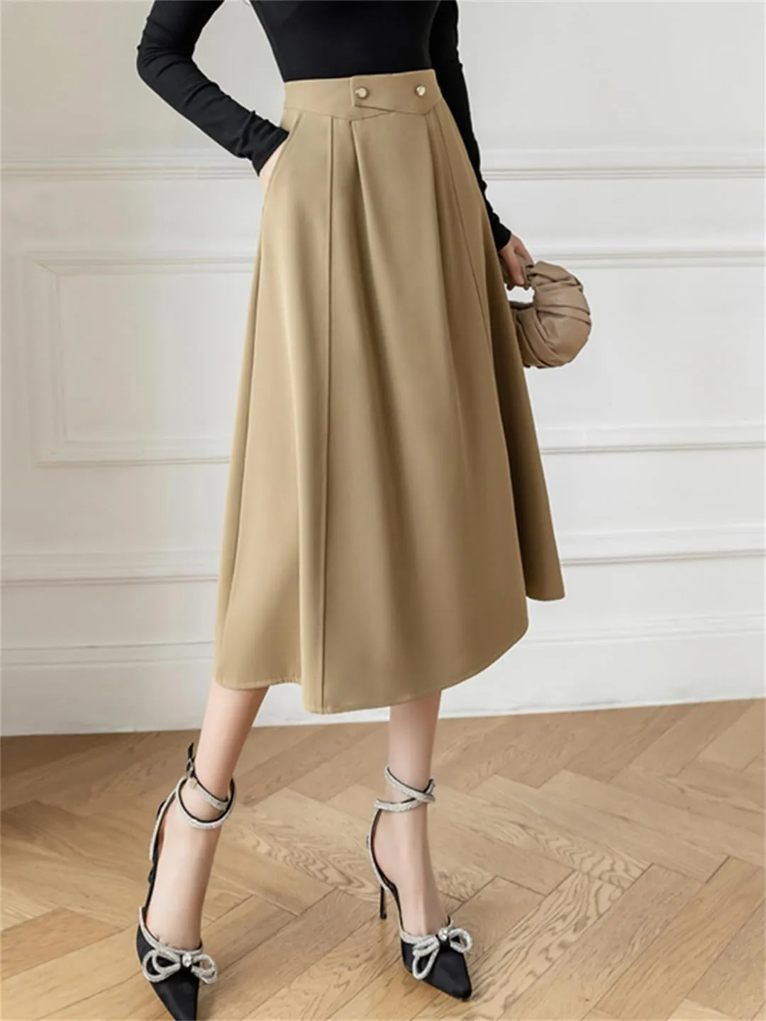 Women High Waist A-Line Skirts Stitching Vintage Pleated Skirts Simple Office Lady Black Midi Skirts