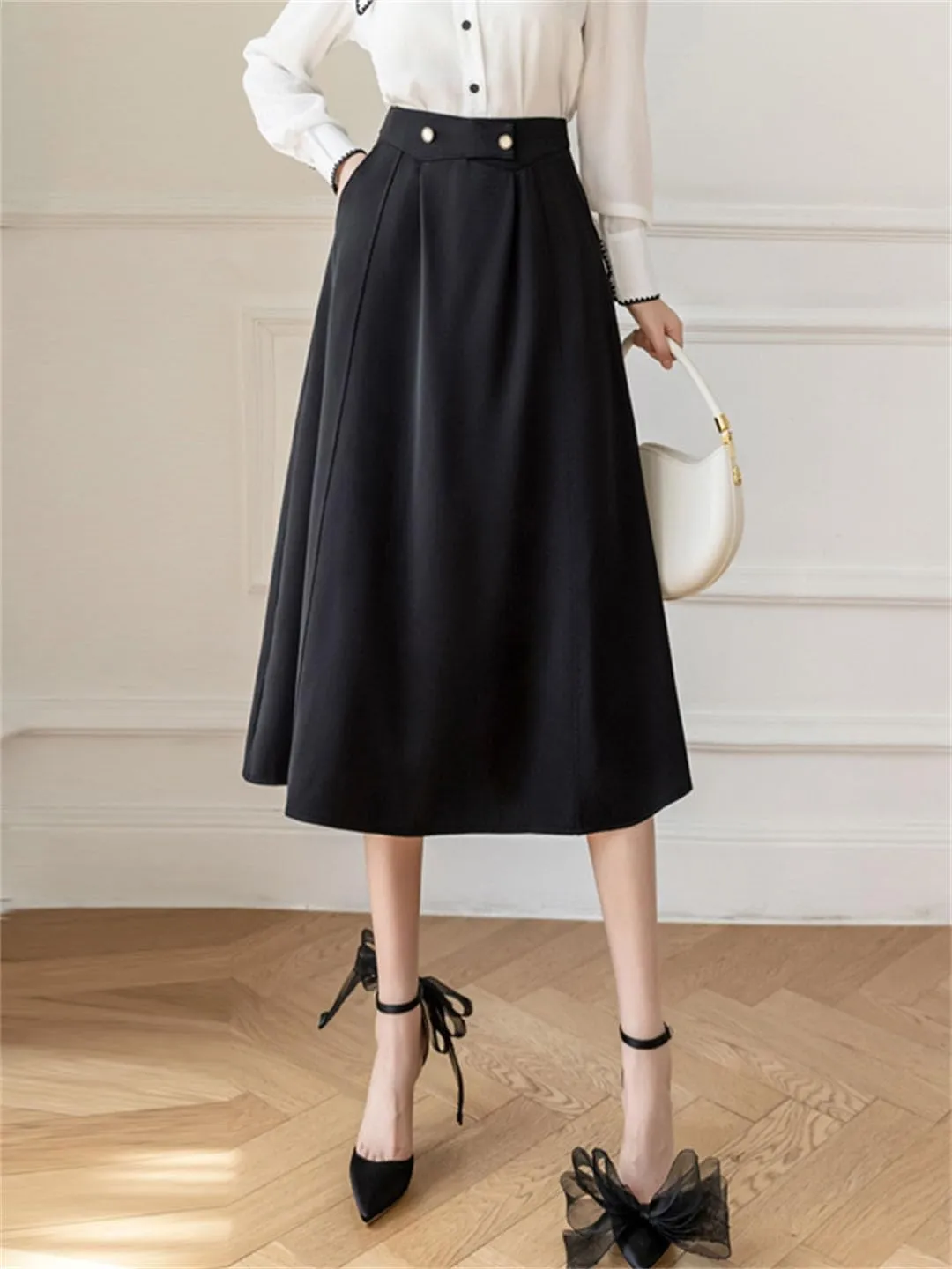 Women High Waist A-Line Skirts Stitching Vintage Pleated Skirts Simple Office Lady Black Midi Skirts