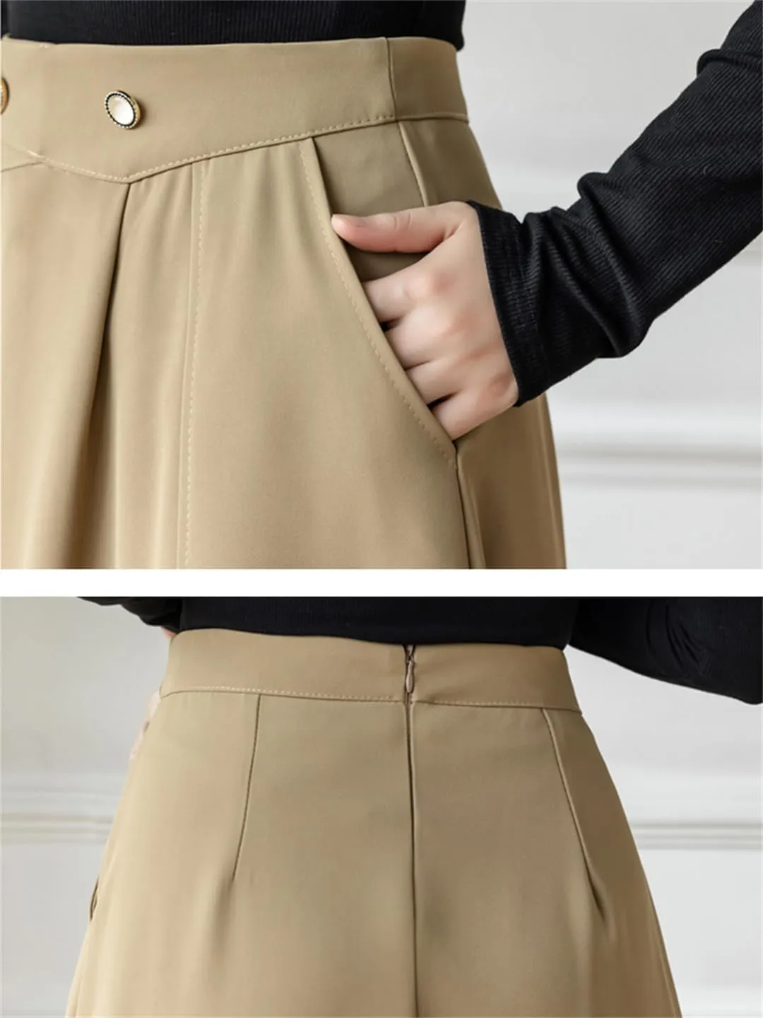 Women High Waist A-Line Skirts Stitching Vintage Pleated Skirts Simple Office Lady Black Midi Skirts
