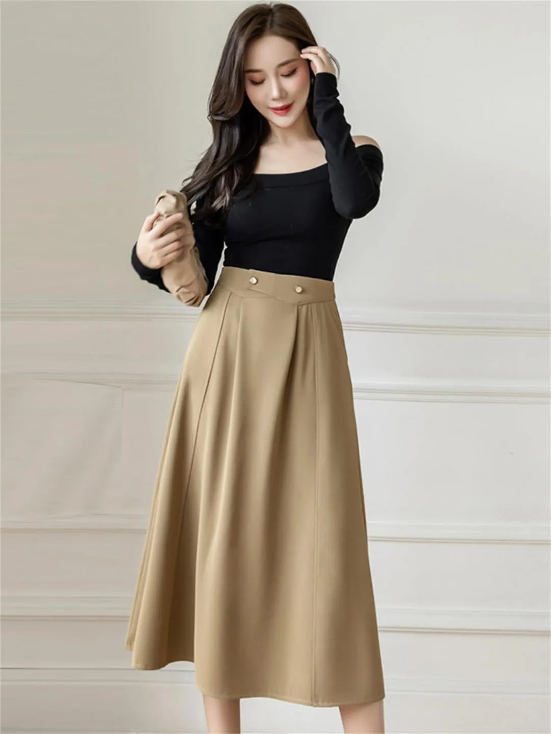 Women High Waist A-Line Skirts Stitching Vintage Pleated Skirts Simple Office Lady Black Midi Skirts