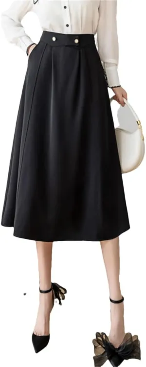 Women High Waist A-Line Skirts Stitching Vintage Pleated Skirts Simple Office Lady Black Midi Skirts