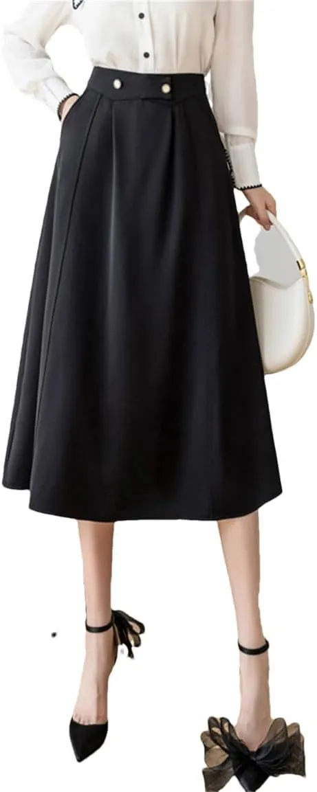 Women High Waist A-Line Skirts Stitching Vintage Pleated Skirts Simple Office Lady Black Midi Skirts