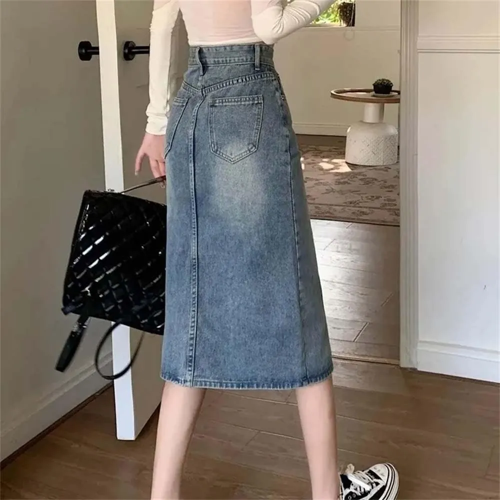 Women High-Waisted Split Denim Jeans Skirt Loose Thin Long A-Line Hip Skirt