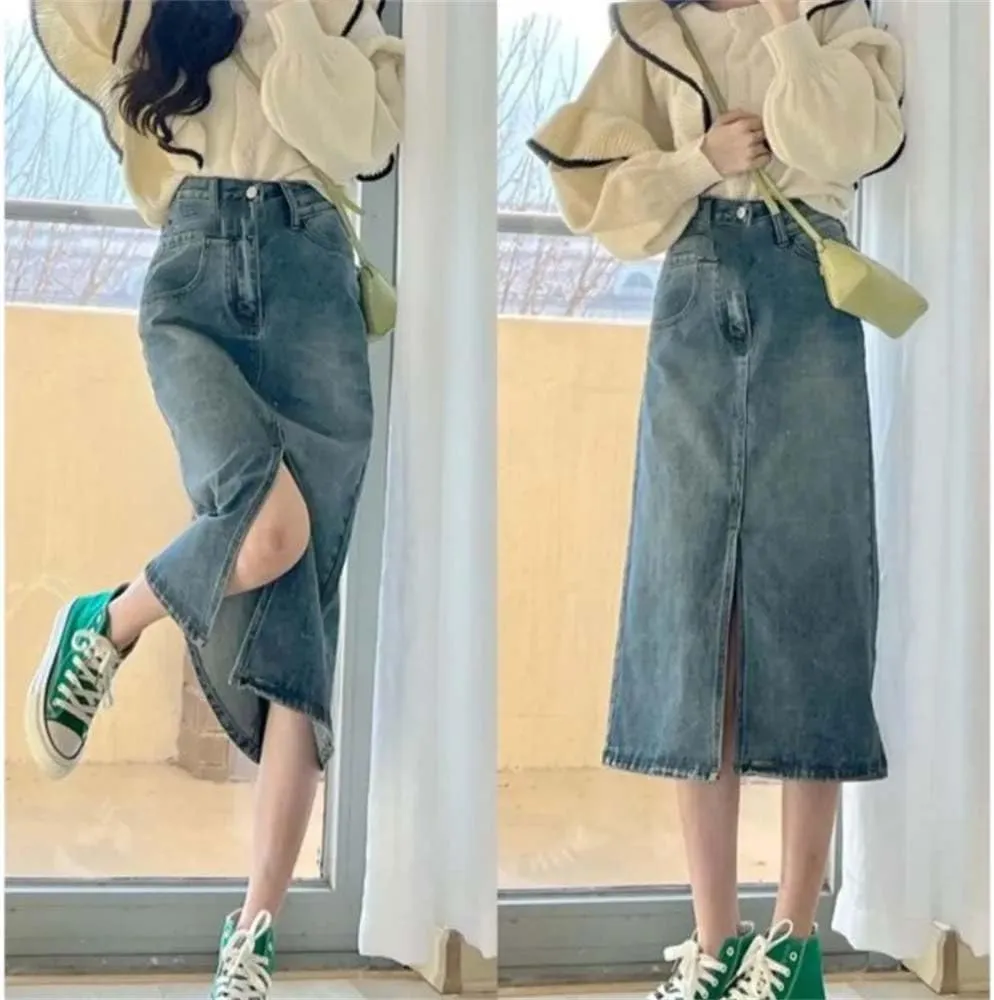 Women High-Waisted Split Denim Jeans Skirt Loose Thin Long A-Line Hip Skirt