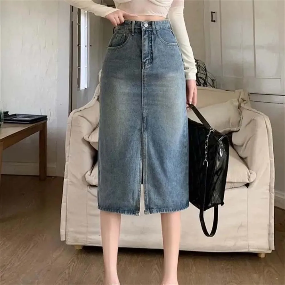 Women High-Waisted Split Denim Jeans Skirt Loose Thin Long A-Line Hip Skirt