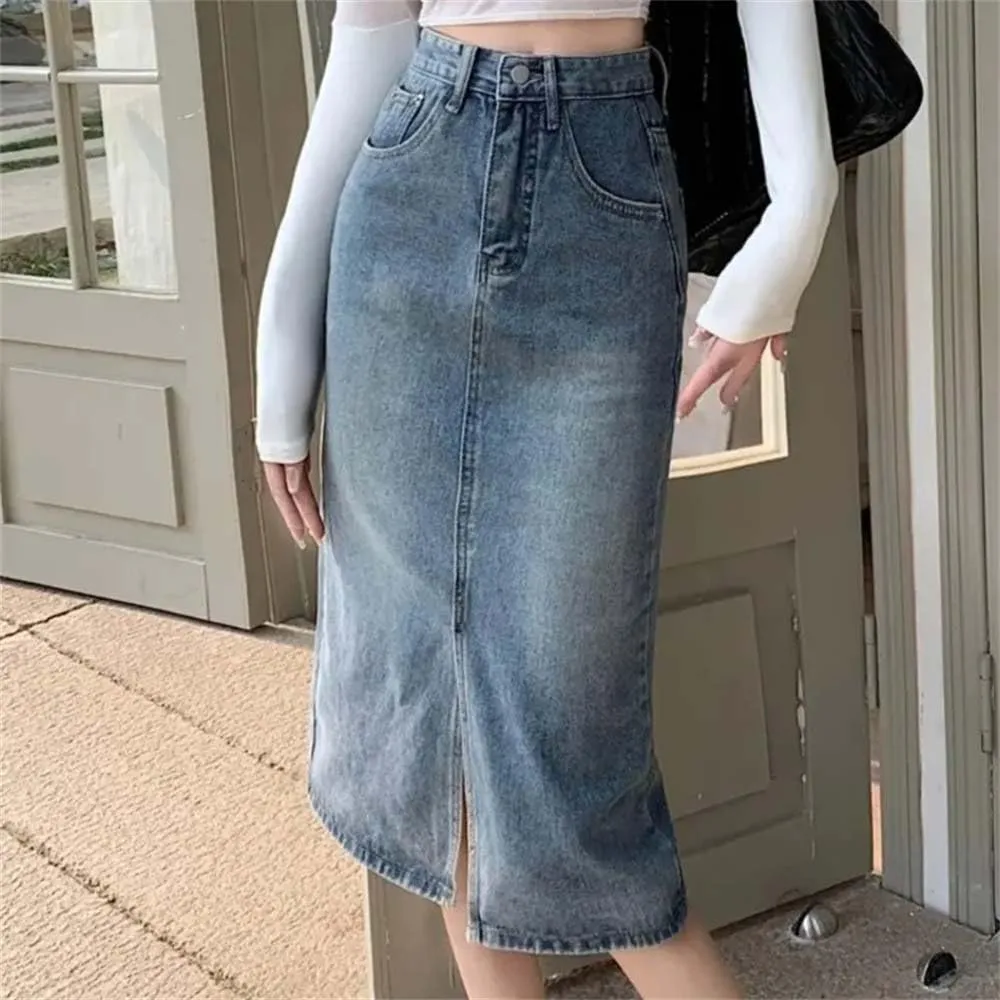 Women High-Waisted Split Denim Jeans Skirt Loose Thin Long A-Line Hip Skirt