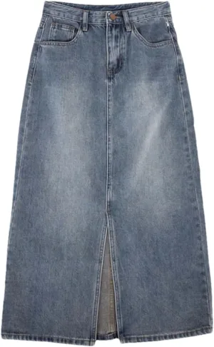 Women High-Waisted Split Denim Jeans Skirt Loose Thin Long A-Line Hip Skirt