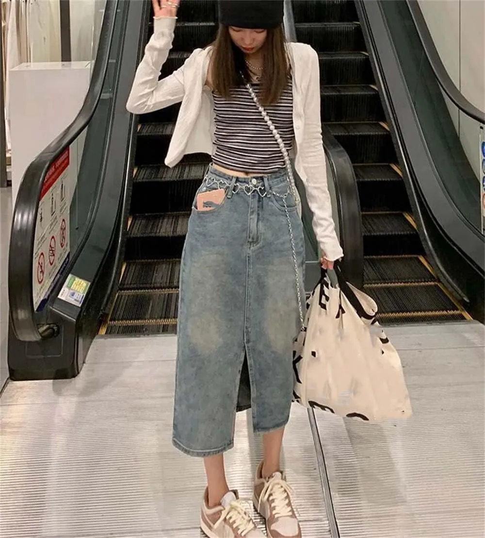 Women High-Waisted Split Denim Jeans Skirt Loose Thin Long A-Line Hip Skirt