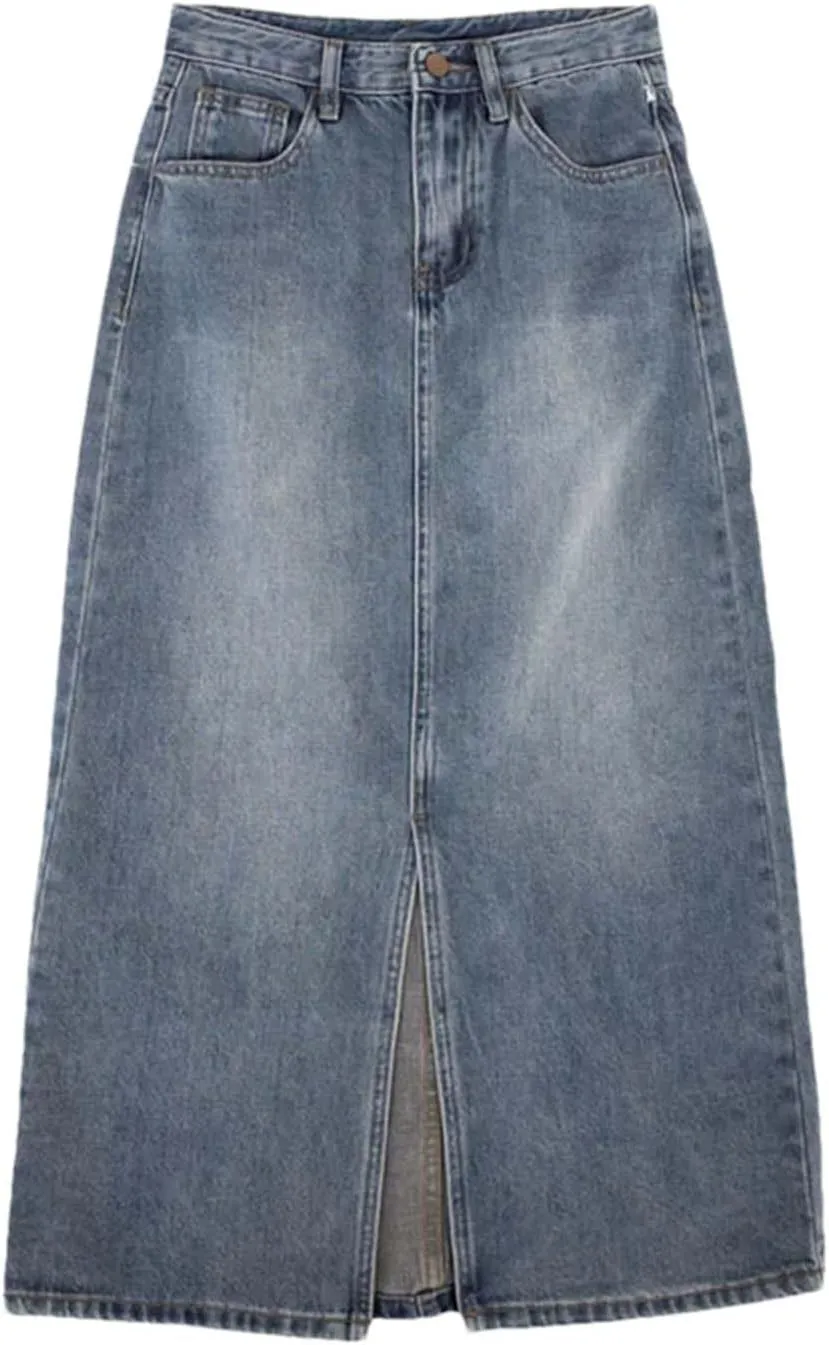 Women High-Waisted Split Denim Jeans Skirt Loose Thin Long A-Line Hip Skirt