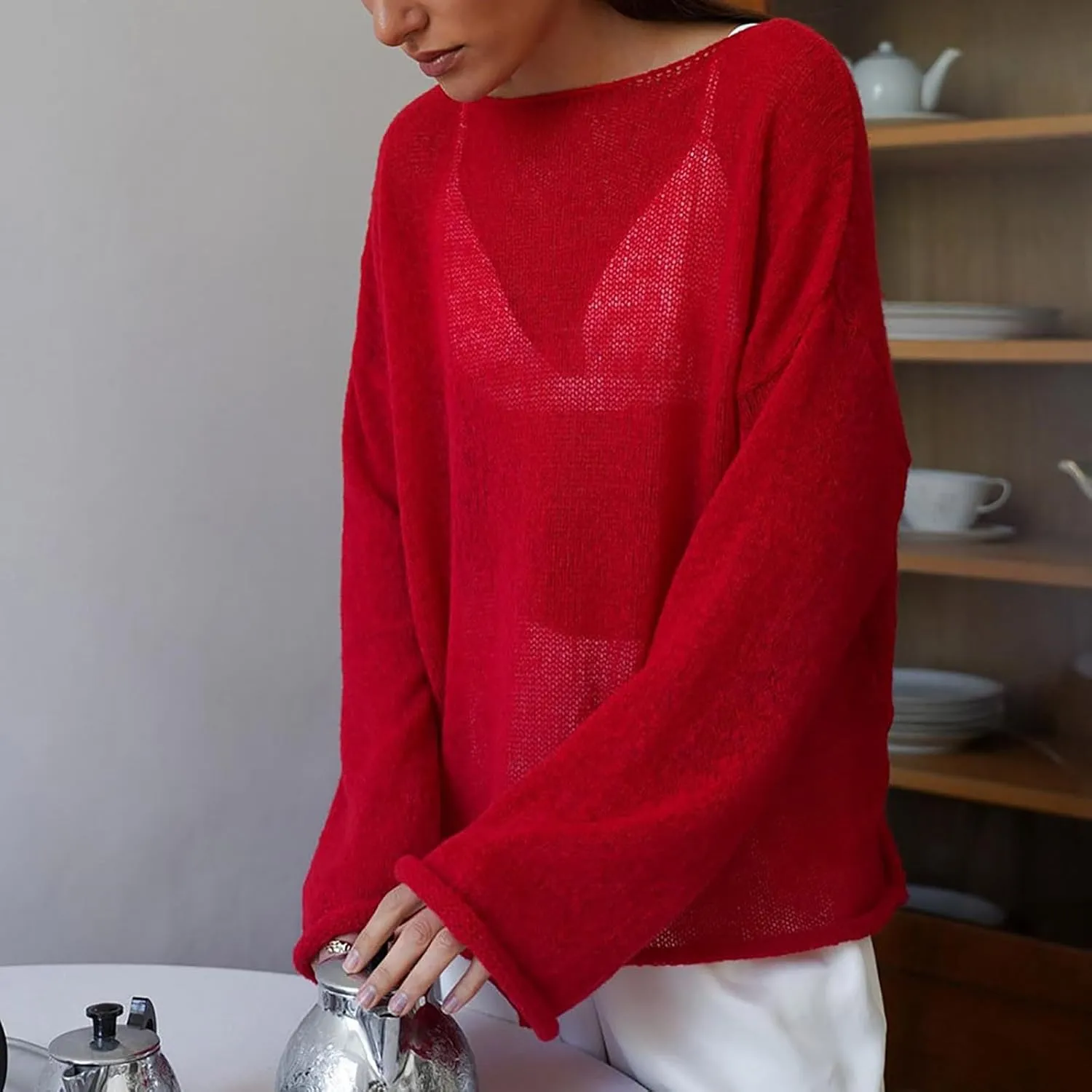 Women Hollow out Oversized Sweater Long Sleeve Sheer Mesh Knit Sweater Tops Y2k Loose Pullover Jumper Shirt Outerwear