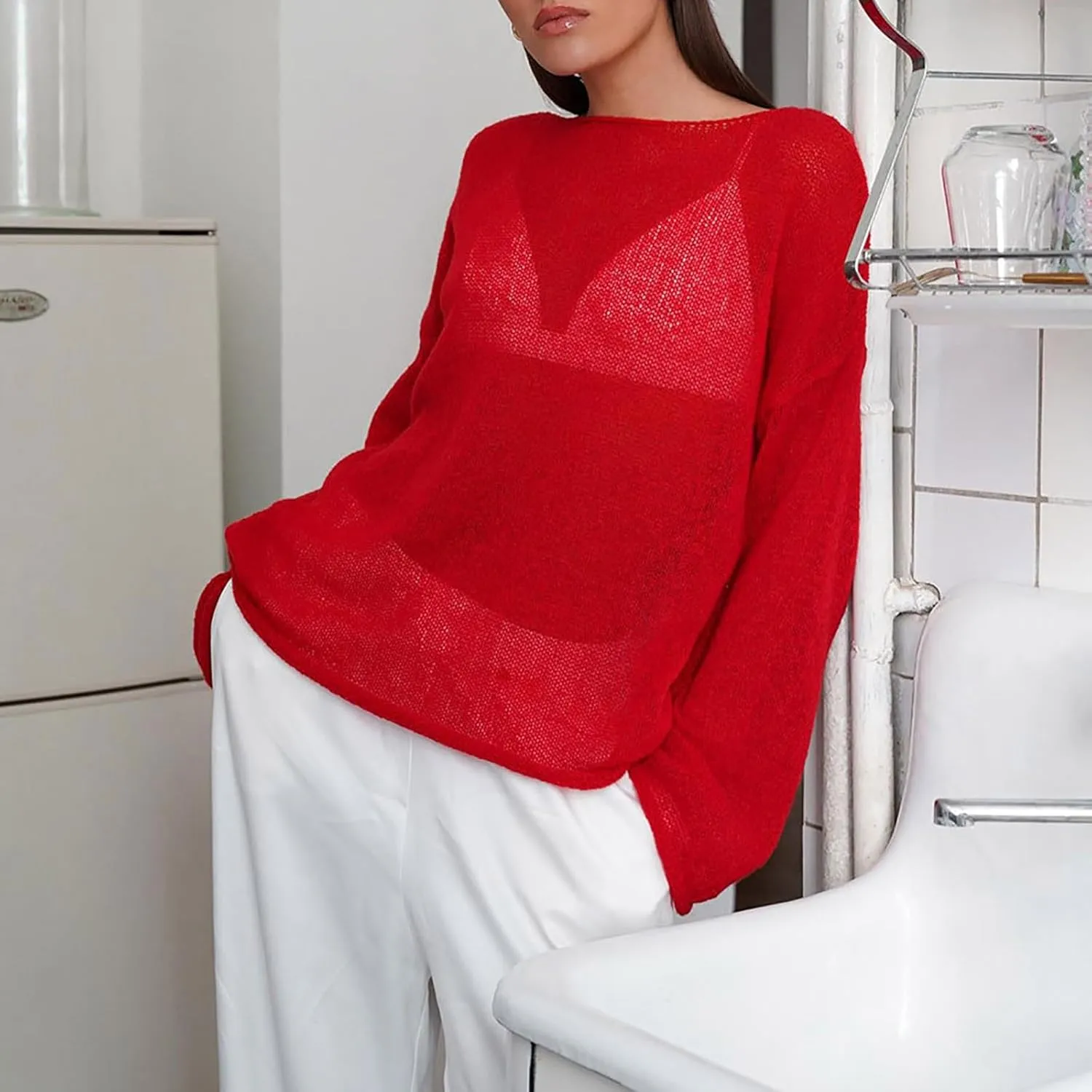 Women Hollow out Oversized Sweater Long Sleeve Sheer Mesh Knit Sweater Tops Y2k Loose Pullover Jumper Shirt Outerwear