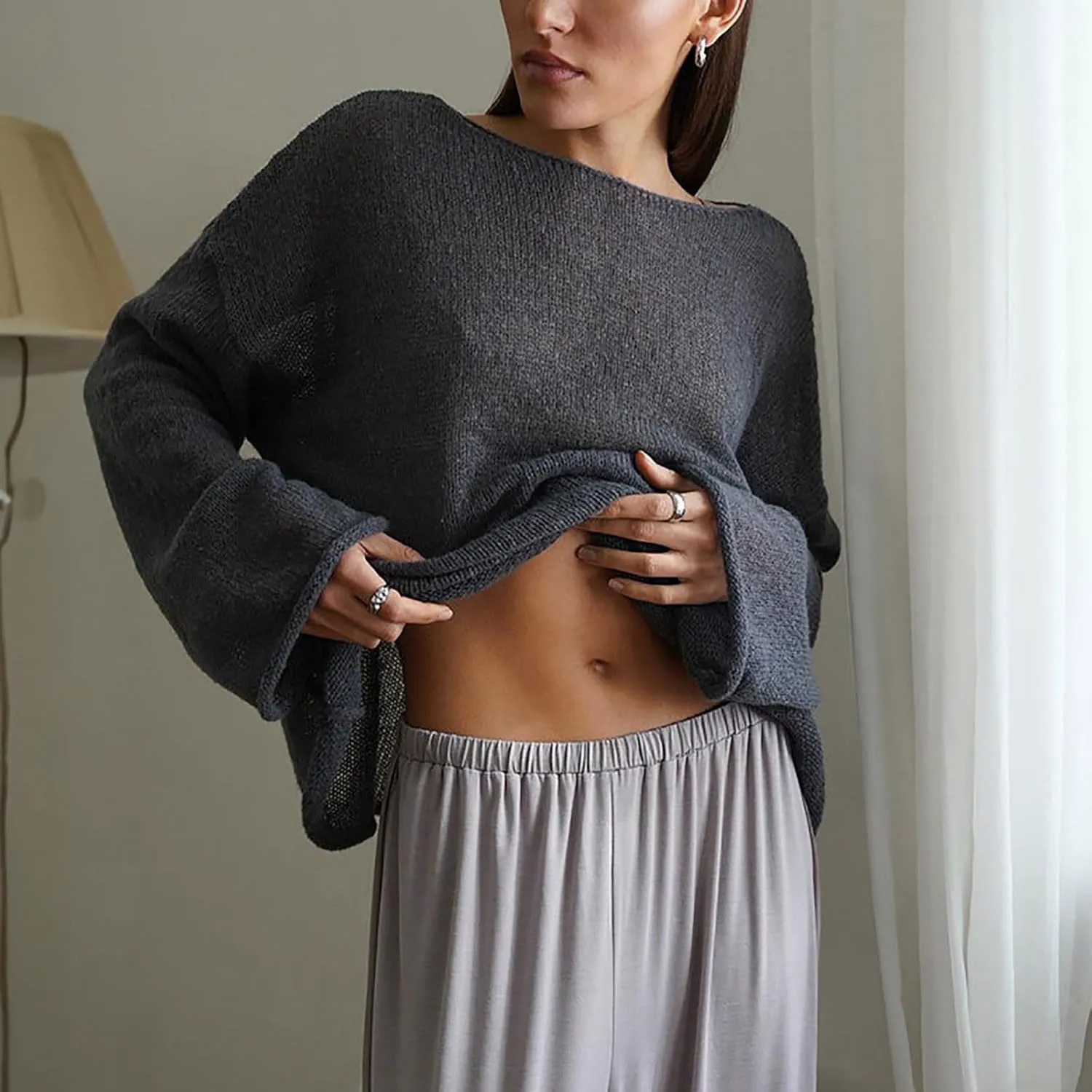 Women Hollow out Oversized Sweater Long Sleeve Sheer Mesh Knit Sweater Tops Y2k Loose Pullover Jumper Shirt Outerwear