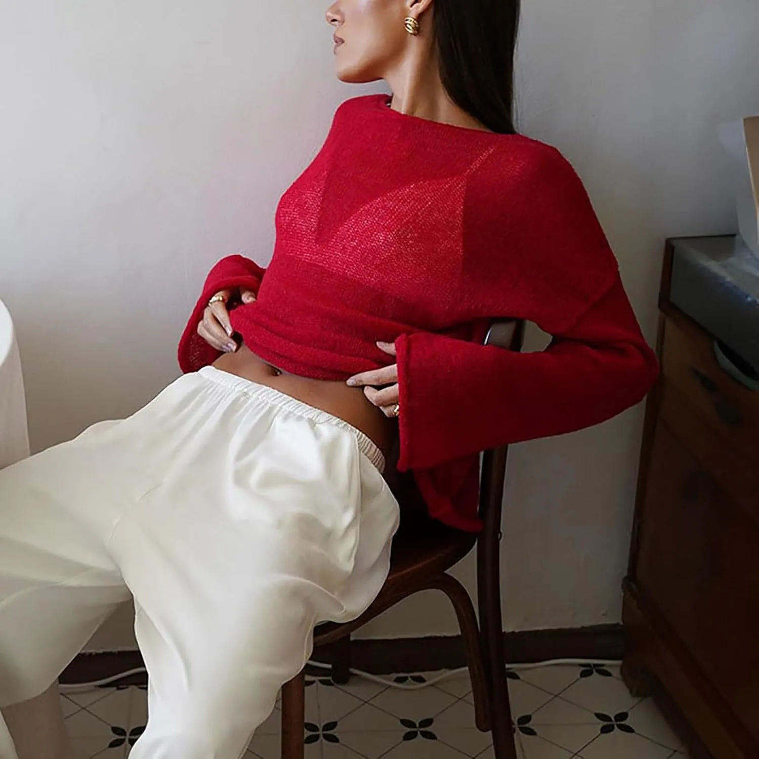 Women Hollow out Oversized Sweater Long Sleeve Sheer Mesh Knit Sweater Tops Y2k Loose Pullover Jumper Shirt Outerwear