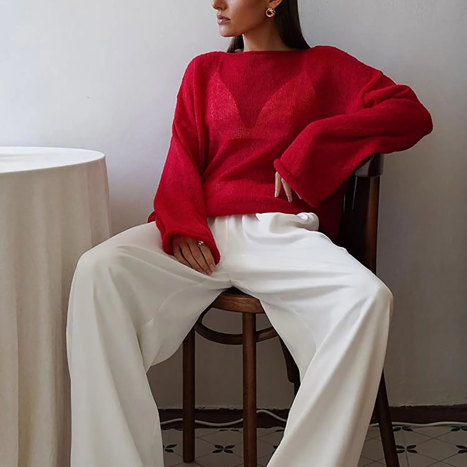 Women Hollow out Oversized Sweater Long Sleeve Sheer Mesh Knit Sweater Tops Y2k Loose Pullover Jumper Shirt Outerwear