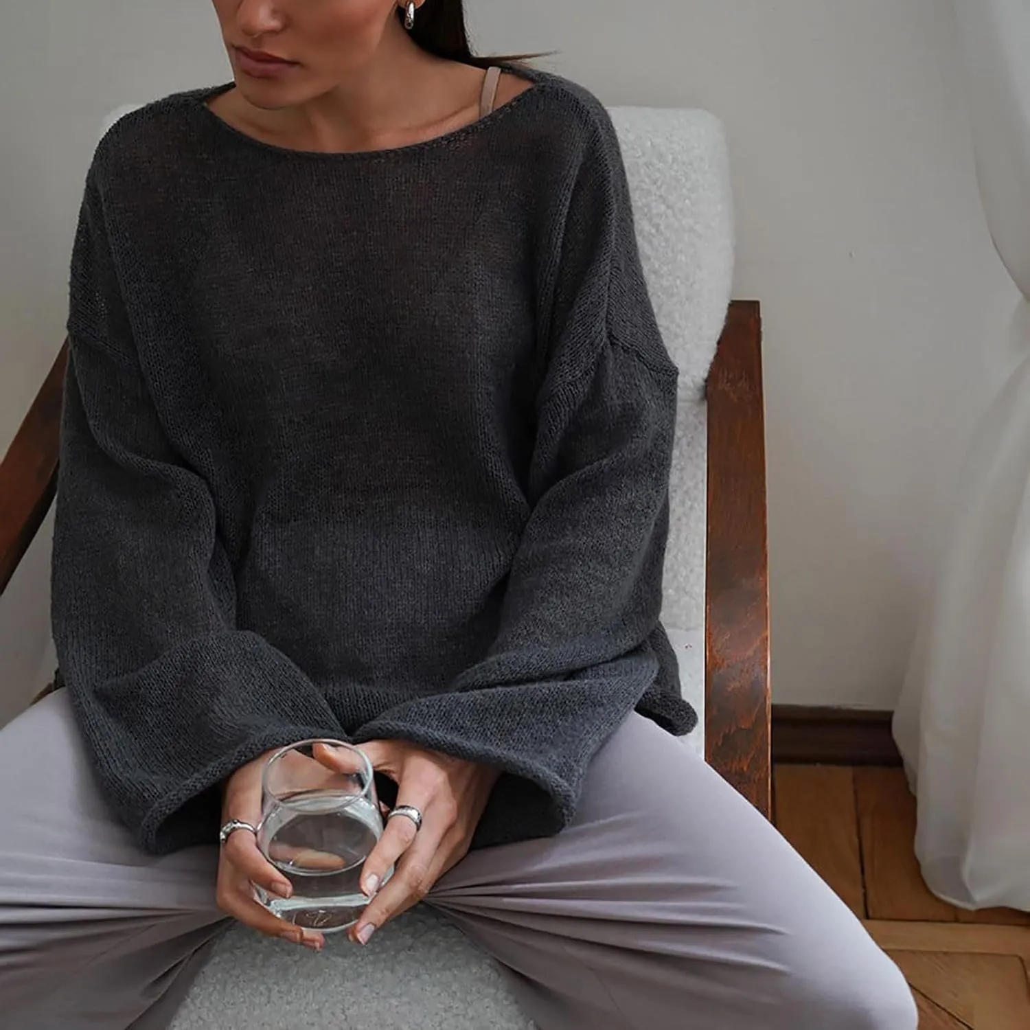 Women Hollow out Oversized Sweater Long Sleeve Sheer Mesh Knit Sweater Tops Y2k Loose Pullover Jumper Shirt Outerwear