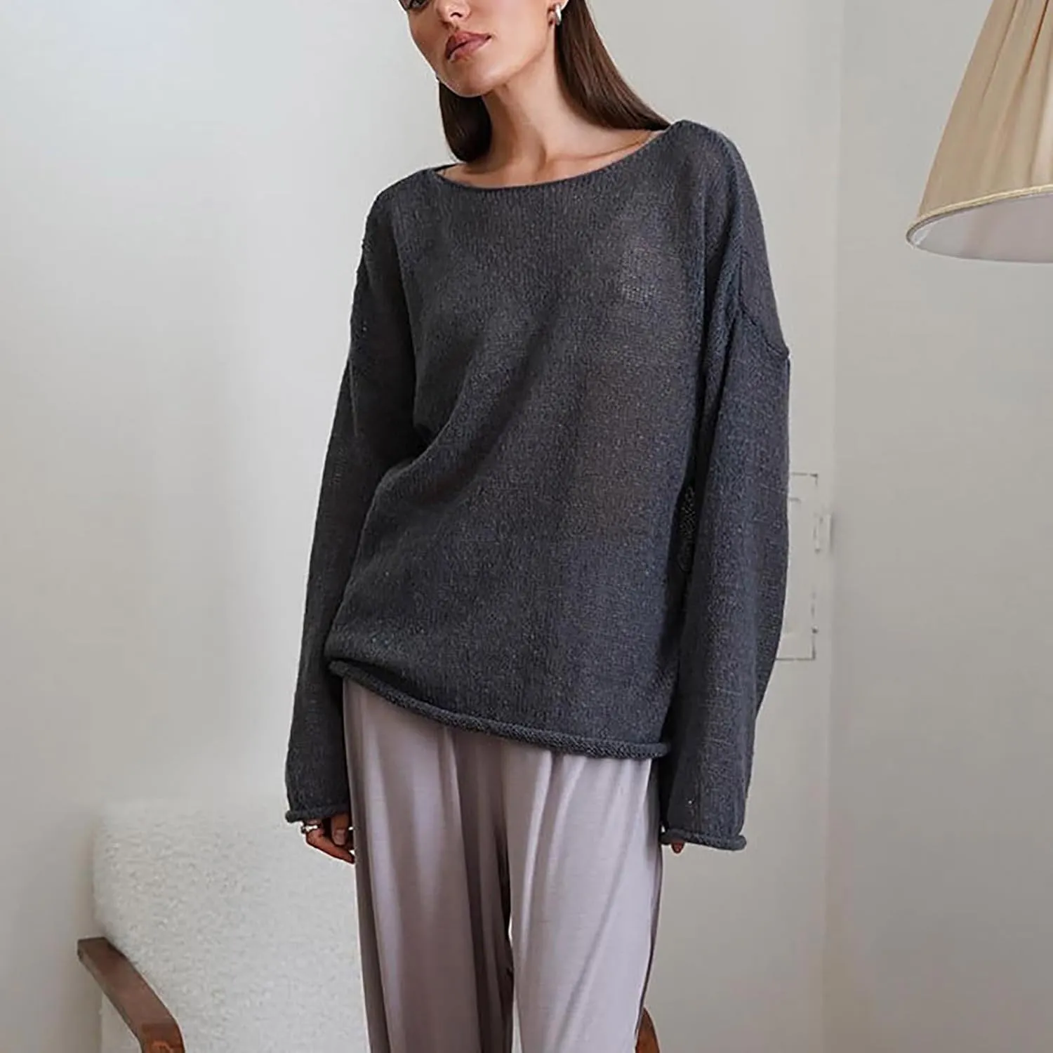 Women Hollow out Oversized Sweater Long Sleeve Sheer Mesh Knit Sweater Tops Y2k Loose Pullover Jumper Shirt Outerwear