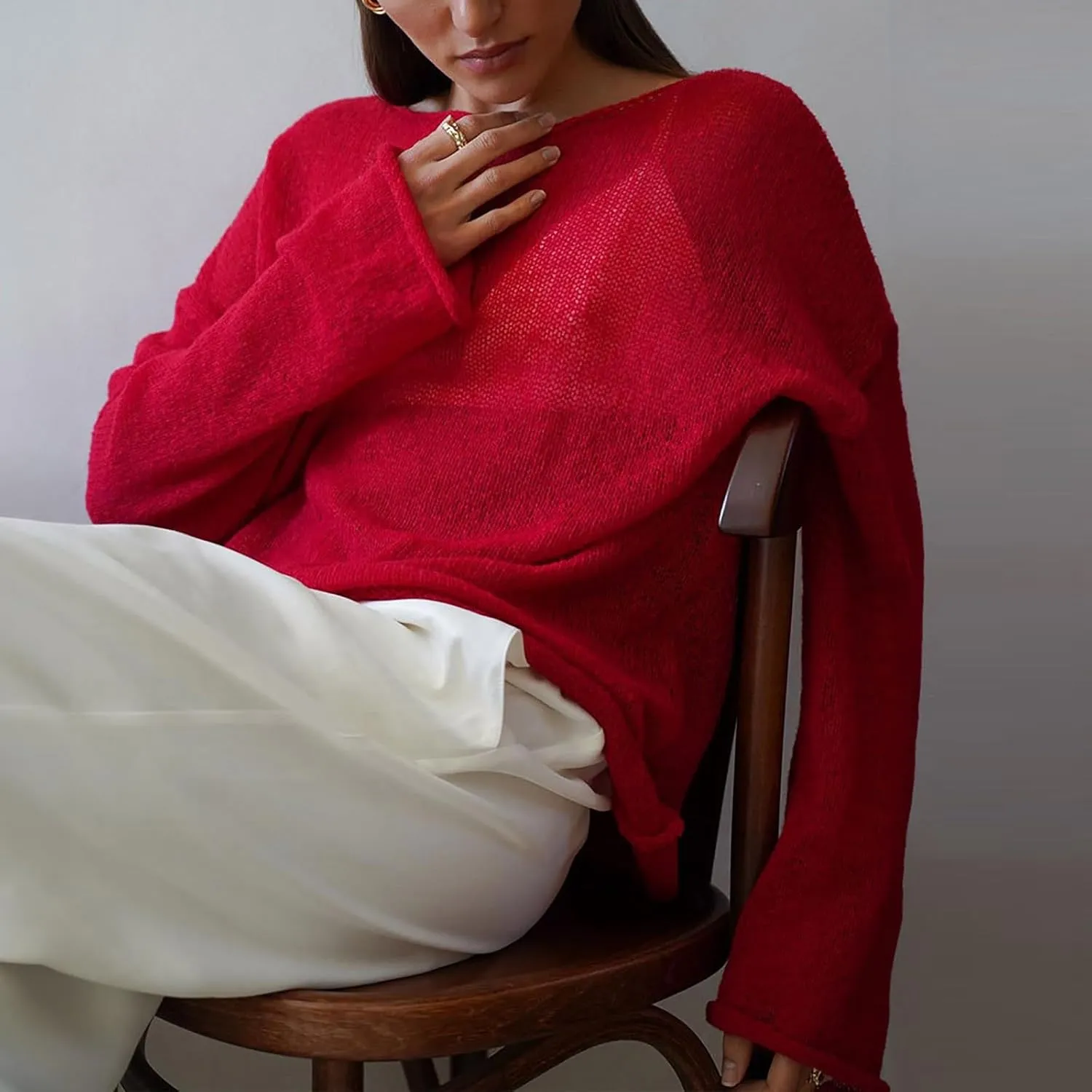 Women Hollow out Oversized Sweater Long Sleeve Sheer Mesh Knit Sweater Tops Y2k Loose Pullover Jumper Shirt Outerwear