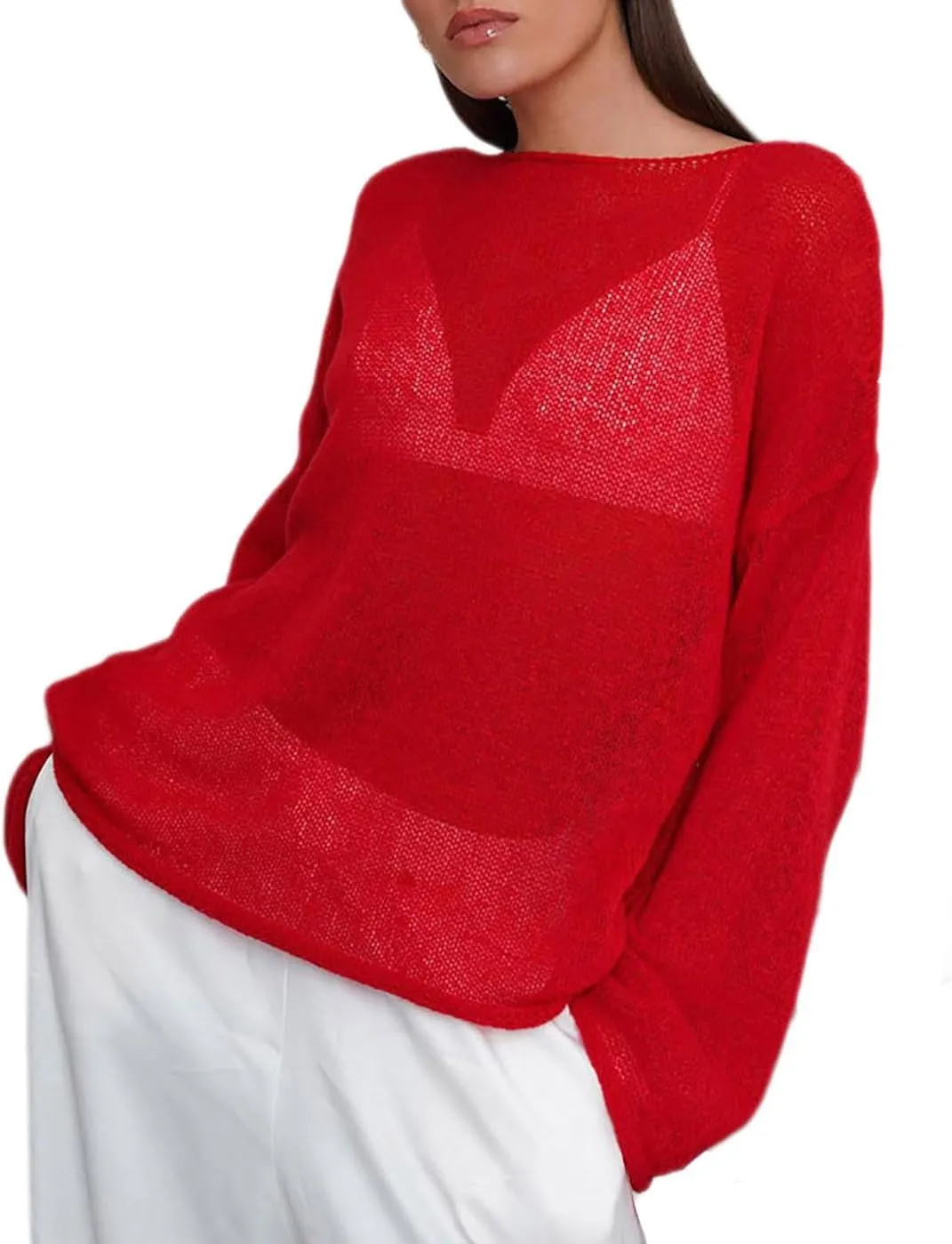 Women Hollow out Oversized Sweater Long Sleeve Sheer Mesh Knit Sweater Tops Y2k Loose Pullover Jumper Shirt Outerwear