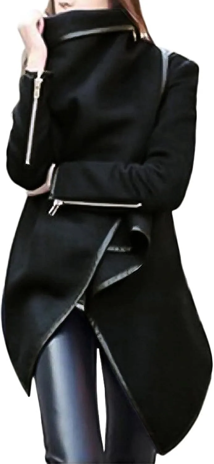 Women Irregular Bow Coat Zippers Long Sleeve Wool Warm Jacket Windbreaker Soft Front Zip Turtleneck Sweatshirt Womens Coat