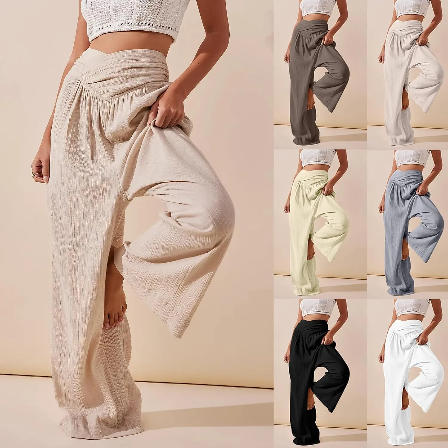 Women Linen Pants Crossover Wide Leg Pants Dressy Palazzo Pants Summer Boho Pants with Pocket Casual Lounge Pant